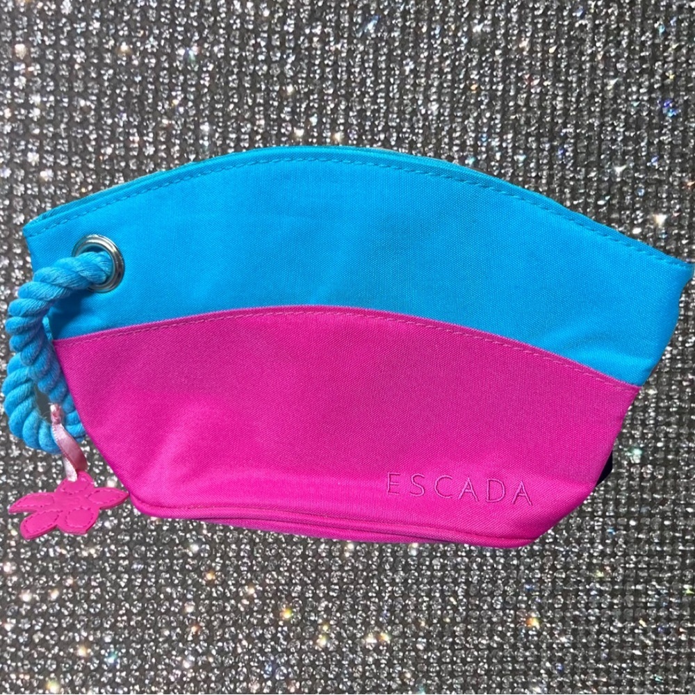 Escada makeup bag cosmetic pouch bubble gum pink blue rope flower charm cute